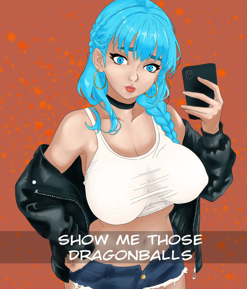 big_breasts blue_eyes blue_hair braid braided_hair bulma_briefs dragon_ball holding_phone leather_jacket looking_at_viewer open_jacket selfie sfw short_shorts simpbot2k snapchat unbuttoned_pants white_tank_top