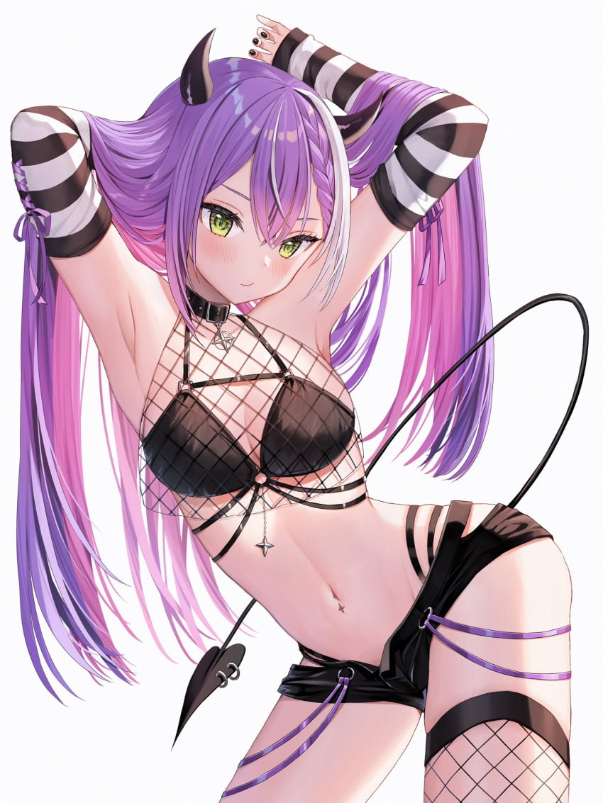 1girls armpits arms_up belly belly_button choker fishnets green_eyes hips holoforce hololive hololive_japan horns long_hair open_pants purple_hair runlan_0329 short_pants short_shorts shorts succubus succubus_horns succubus_tail tokoyami_towa unzipped_shorts virtual_youtuber visible_underwear