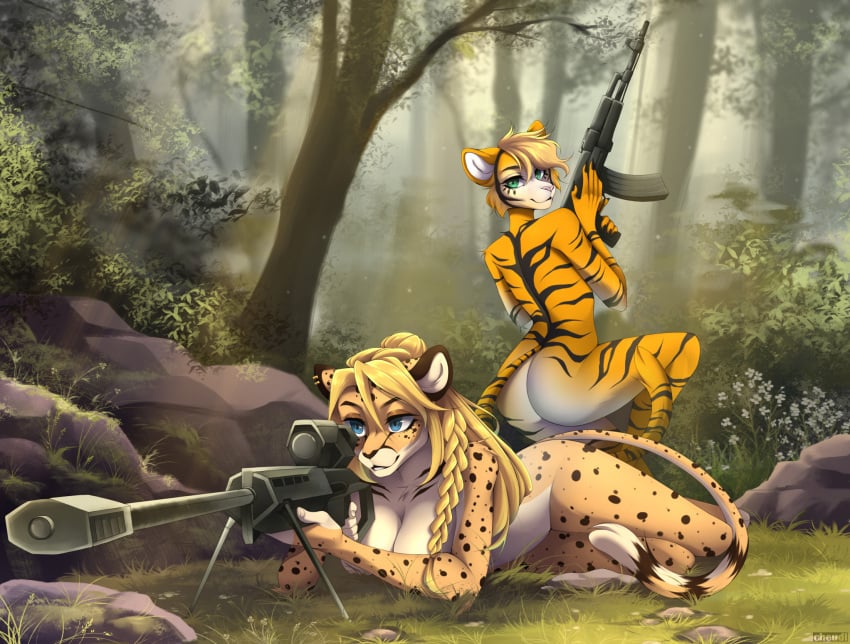 2023 ak-47 alecza_kolypsov anthro assault_rifle barely_visible_genitalia barely_visible_pussy big_breasts black_stripes blonde_hair breasts cheetah cheudl duo ear_piercing ear_ring exposure_variation felid feline female forest fur genitals green_eyes gun hair hi_res holding_gun holding_object holding_rifle holding_weapon lena_fluffy_(character) looking_at_viewer looking_back looking_back_at_viewer mammal nude orange_body orange_fur pantherine piercing plant pussy ranged_weapon rifle ring_piercing sniper_rifle spots spotted_body spotted_fur striped_body striped_fur stripes tiger tree trigger_discipline weapon yellow_body yellow_fur