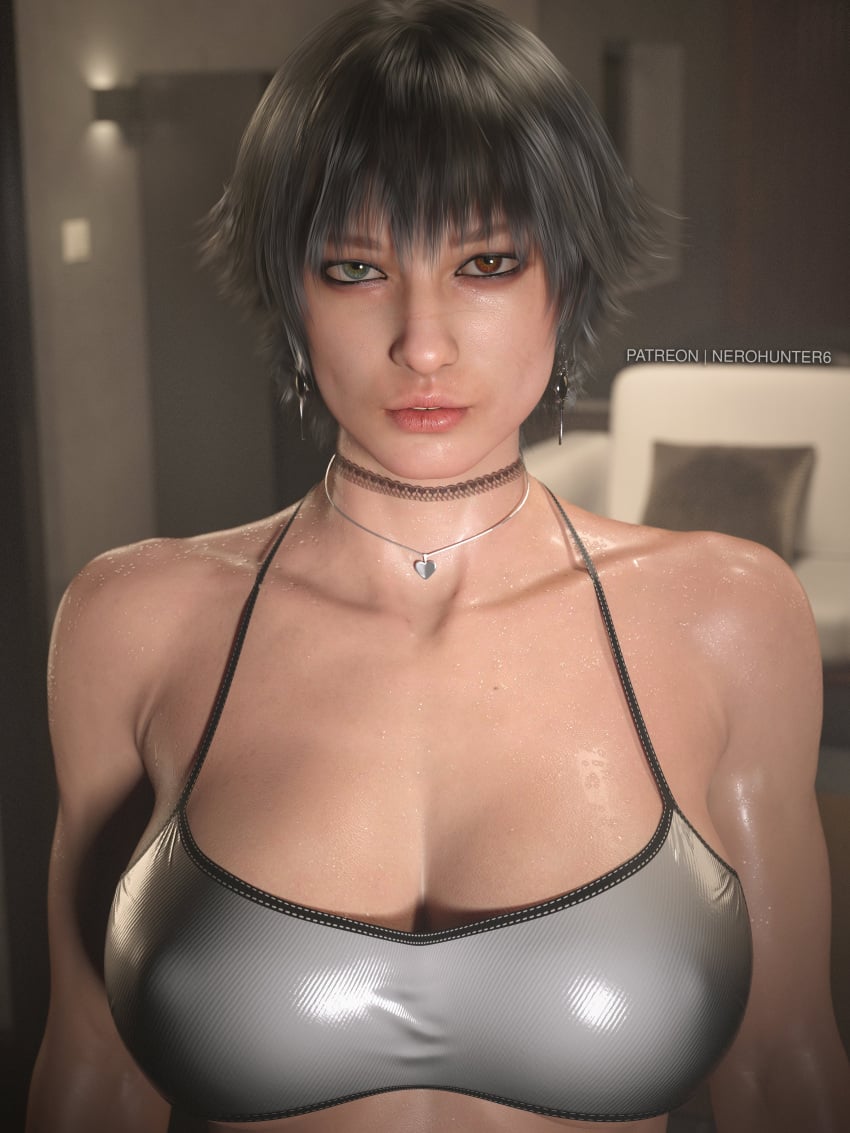 1girls 3d abs absurdres big_breasts black_hair black_nail_polish black_nails bra breasts capcom devil_may_cry devil_may_cry_5 eye_fetish female female_only fit fit_female heterochromia highres lady_(devil_may_cry) nail_polish nerohunter6 realistic short_hair solo solo_female thick_thighs toned toned_female