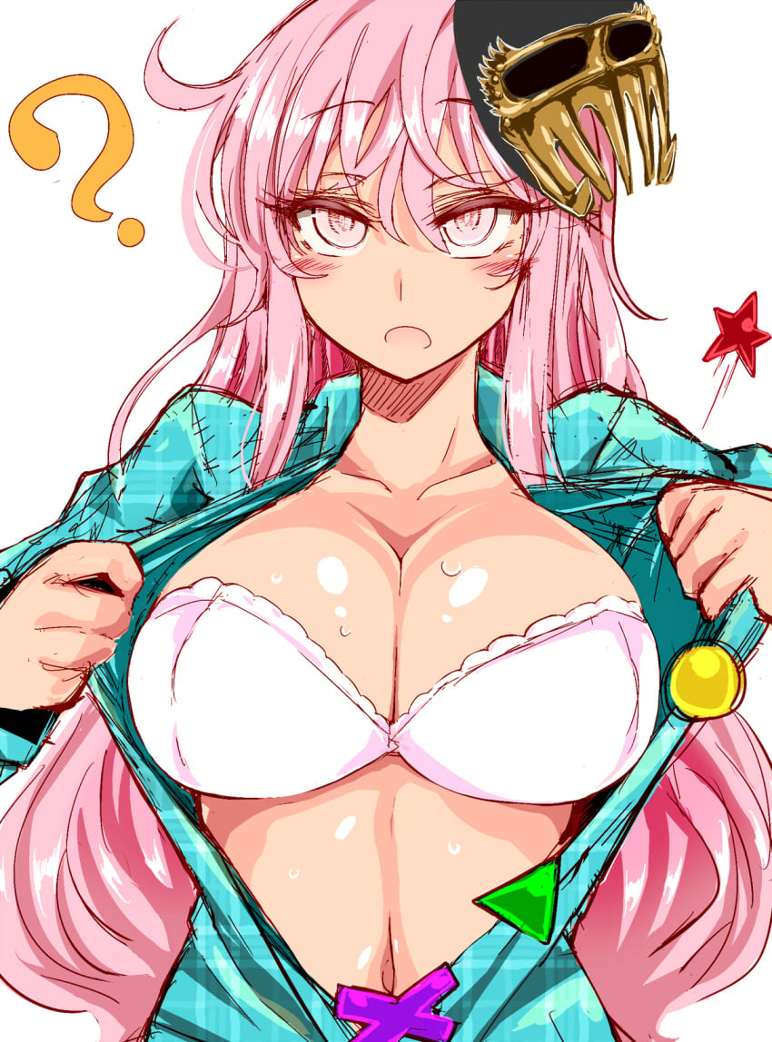 1girls ? belly_button bra breasts clothed collarbone geometric_shapes hata_no_kokoro large_breasts long_hair mask navel open_clothes open_mouth open_shirt pink_eyes pink_hair roki_(hirokix) solo sweat touhou