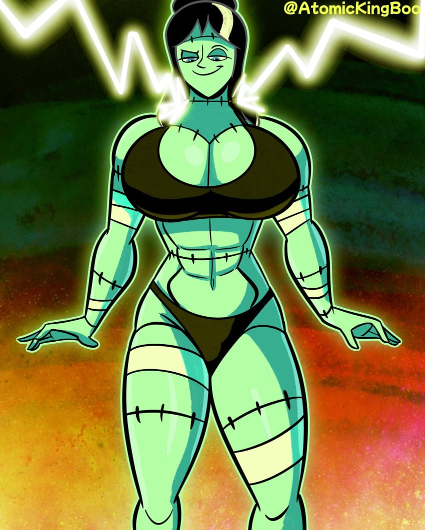 1girls artist_name ass athletic athletic_female atomickingboo big_ass big_breasts big_butt blue_eyes breasts deltoids digital_drawing_(artwork) digital_media_(artwork) evil_smile eyebrows eyelashes eyes female female_focus fit fit_female frankenstein frankenstein's_monster front_view green-skinned_female green_skin hair halloween hips legs lightning lips long_hair mature monster_girl original original_character paulinda_sherwoods slim slim_waist smirk smug smug_face spooktober teal_skin turquoise_skin upper_body waist watermark wide_hips