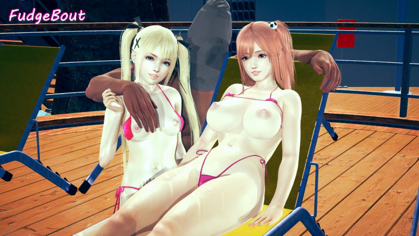 1boy 2girls 3d 3d_(artwork) blonde_hair blue_eyes dark-skinned_male dark_skin dead_or_alive fudgebout honey_select honey_select_2 honoka_(doa) huge_breasts interracial laying_down marie_rose pink_bikini pink_hair small_breasts twintails unseen_male_face