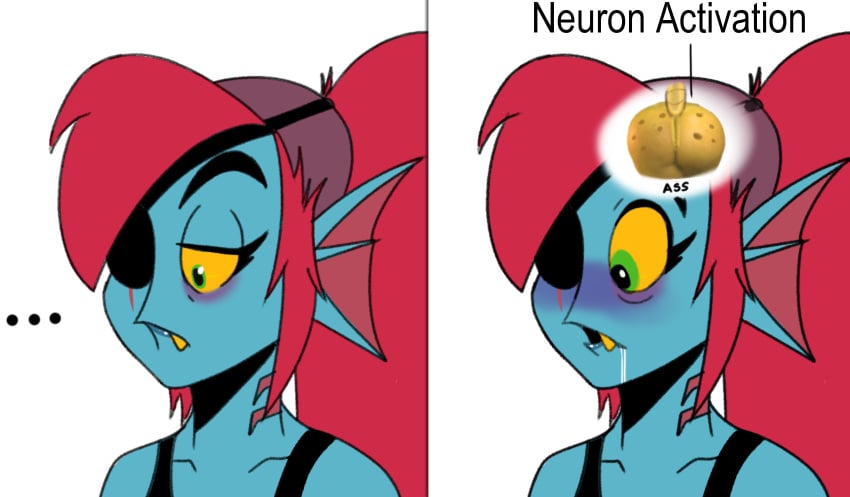 2girls absurd_res alphys animal_humanoid anthro ass big_ass bodily_fluids comedy female fish fish_humanoid funny gomezcat hi_res humanoid humor marine marine_humanoid meme multiple_girls neuron_activation offscreen_character offscreen_female pinup pose saliva solo tagme undertale undertale_(series) undyne