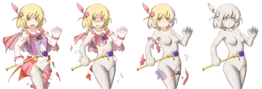 asfr blonde_hair blush magical_girl nipples nude nude_female petrification petrified petrify staff tears torn_clothes torn_clothing yellow_eyes