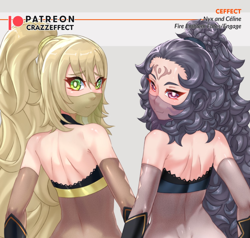 2girls :3 alternate_costume alternate_hairstyle back back_view bare_back black_hair blonde_hair bodystocking celine_(fire_emblem) cosplay crazzeffect facial_mark facial_tattoo female female_only fire_emblem fire_emblem_engage fire_emblem_fates green_eyes grey_background hair_between_eyes long_hair looking_at_viewer looking_back mouth_veil multiple_girls nintendo nyx_(fire_emblem) nyx_(fire_emblem)_(cosplay) pink_eyes ponytail see-through smile tattoo upper_body veil very_long_hair wavy_hair