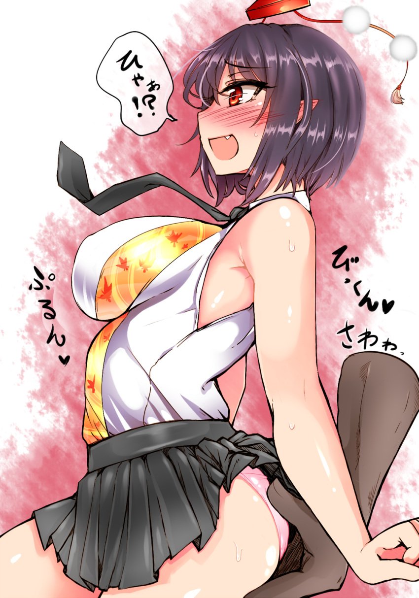 1boy 1boy1girl 1girls ass ass_grab black_hair blush breasts clothed dark-skinned_male dark_skin disembodied_hand hat large_breasts light-skinned_female light_skin open_mouth panties pink_panties pointy_ears red_eyes roki_(hirokix) shameimaru_aya shameimaru_aya short_hair side_view skirt sweat thighs tie tokin_hat touhou underwear