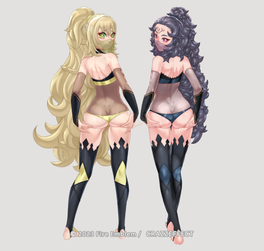 2girls :3 alternate_costume alternate_hairstyle ass ass_hold back back_view bare_back bare_thighs barefoot big_ass black_hair blonde_hair blue_panties bodystocking celine_(fire_emblem) cosplay crazzeffect facial_mark facial_tattoo female female_only fire_emblem fire_emblem_engage fire_emblem_fates full_body grabbing_own_ass green_eyes grey_background hair_between_eyes long_hair looking_at_viewer looking_back mouth_veil multiple_girls nintendo nyx_(fire_emblem) nyx_(fire_emblem)_(cosplay) panties pink_eyes ponytail presenting presenting_ass presenting_hindquarters see-through smile tattoo thighhighs thighs underwear veil very_long_hair wavy_hair yellow_panties