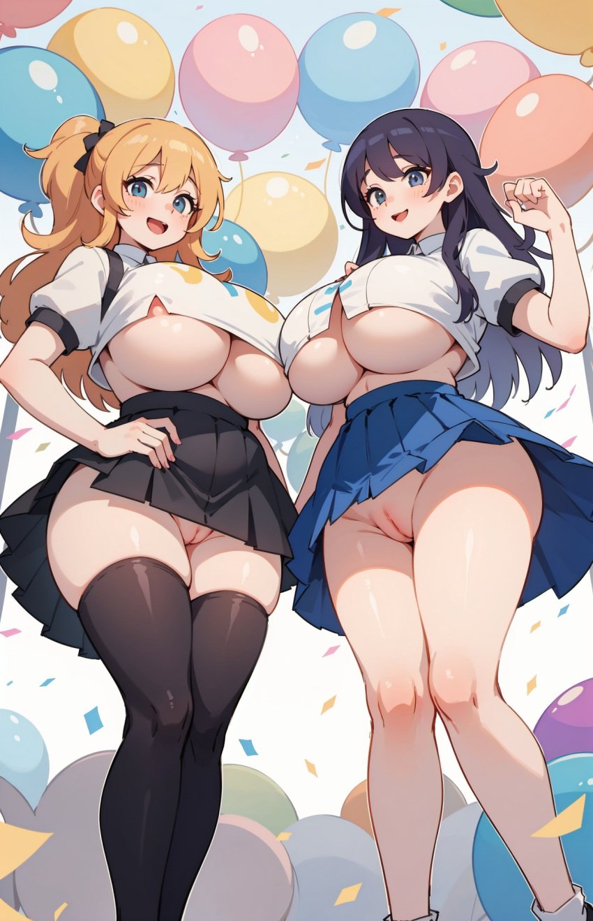 2girls ai_generated areola_slip areolae balloon balloons bangs black_hair black_legwear black_skirt blue_eyes blue_skirt blush breasts colored_hair colorful colorful_hair confetti crop_top crop_top_overhang eyebrows_visible_through_hair huge_breasts large_breasts long_hair looking_at_viewer microskirt multiple_girls no_bra no_panties no_underwear open_mouth orange_hair party_popper pleated_skirt plump ponytail pussy short_sleeves side_by_side sisters skirt smile tall taller_female taller_girl thick thick_thighs thighhighs thighs tight_clothes tight_clothing uncensored underboob visible_pussy