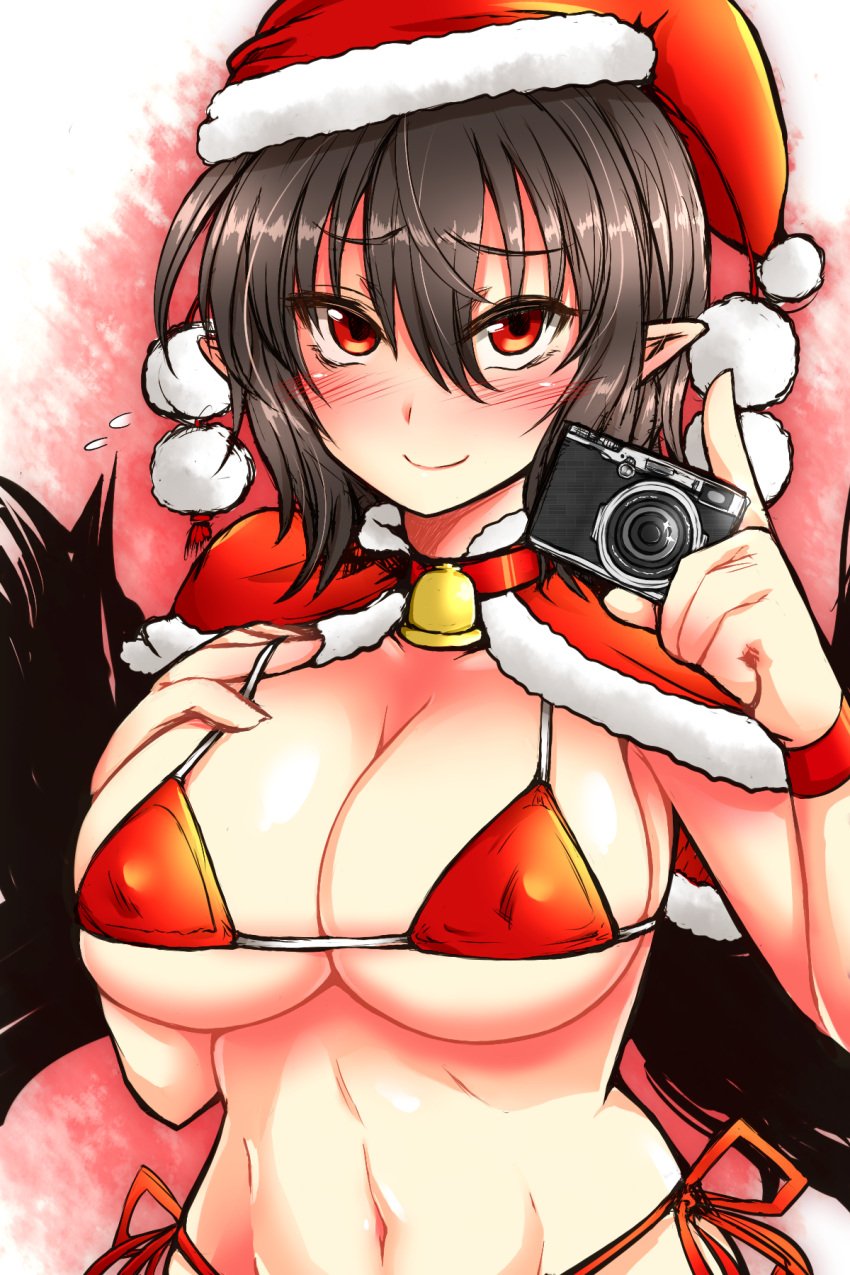 1girls bell belly_button black_hair blush bra breasts camera choker christmas christmas_hat cleavage hat holidays large_breasts looking_at_viewer navel nipples_visible_through_clothing panties pointy_ears red_eyes roki_(hirokix) santa_costume santa_hat shameimaru_aya short_hair solo touhou underwear wings