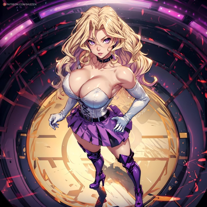 1female 1girl 1girls ai_generated big_breasts blonde_hair cleavage female female_focus female_only fisheye_lens gloves high_heels mai_valentine mommy purple_eyes skirt skizzen solo solo_female solo_focus thigh_boots thighhighs top_view viewed_from_above yu-gi-oh! yu-gi-oh!_duel_monsters yugioh