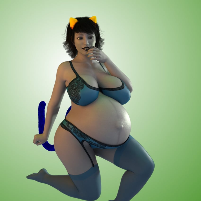 1girls 3d belly big_belly big_breasts black_hair breasts breedingduties female gigantic_breasts grey_skin homestuck lingerie nepeta_leijon pregnant solo