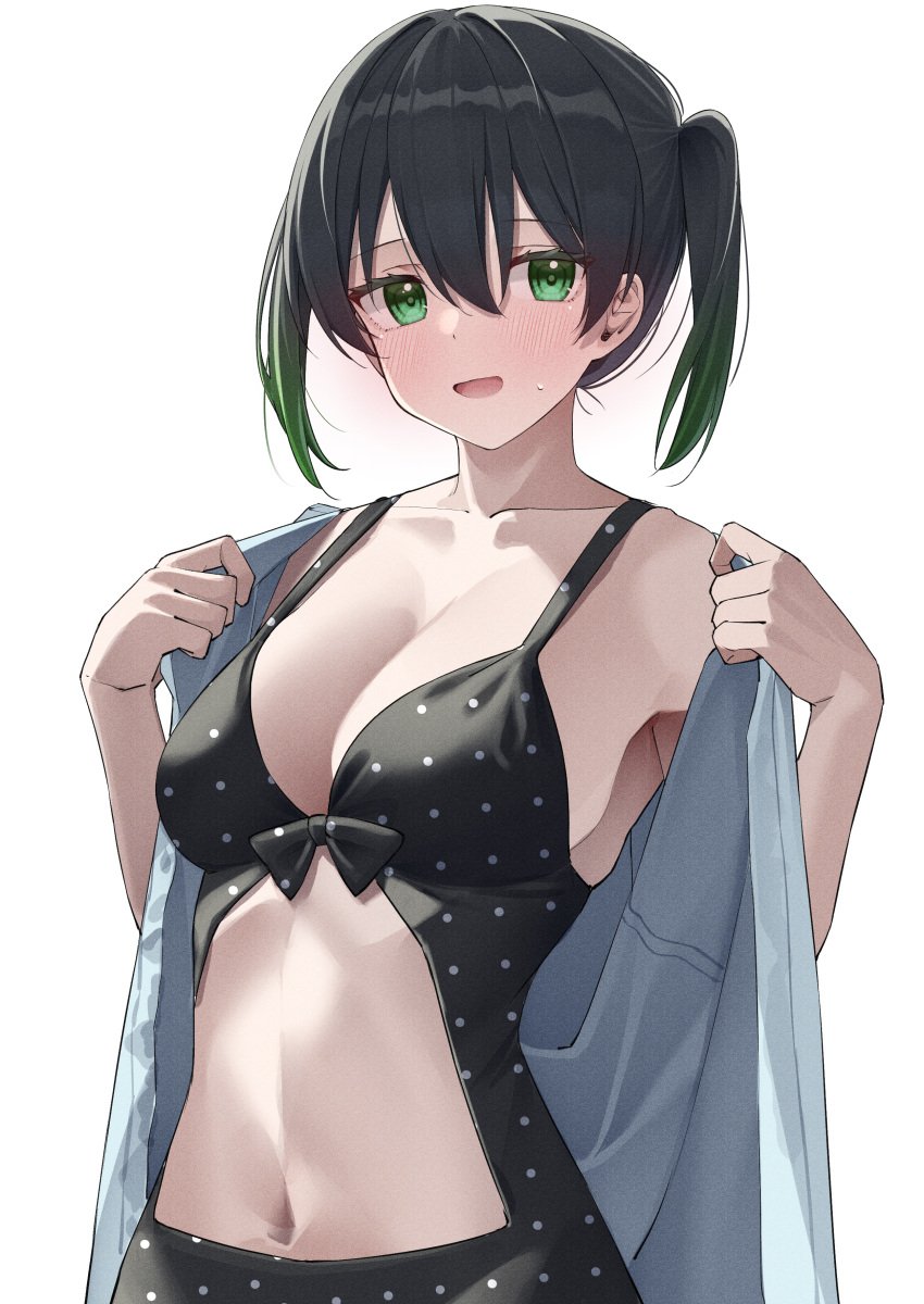 1girls armpits bare_arms bare_midriff bare_shoulders belly belly_button black_hair blush cleavage collarbone embarrassed female female_focus female_only green_eyes green_hair hair_between_eyes kawai_ritsu_(rits_meg) light_skin looking_at_viewer love_live! love_live!_nijigasaki_high_school_idol_club medium_breasts navel nervous open_mouth revealing_swimsuit short_hair shy sideboob simple_background slender_body slender_waist slim_girl slim_waist solo standing straight_hair swimsuit takasaki_yuu thin_waist undressing white_background