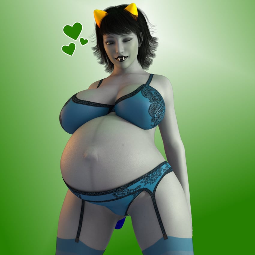 1girls 3d belly big_belly big_breasts black_hair breasts breedingduties female gigantic_breasts grey_skin homestuck lingerie nepeta_leijon pregnant solo