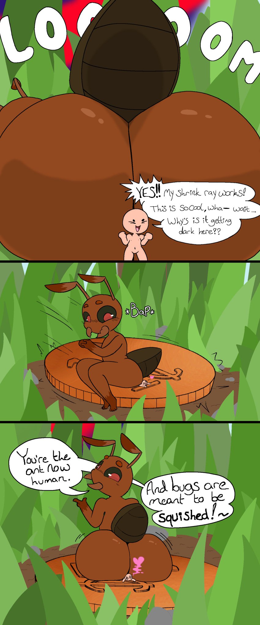 absurd_res ant anthro aroused arthropod ass big_butt brown_body coin comic dialogue english_text grass happy heart_symbol hi_res hymenopteran insects irony kralex_(artist) looming looming_over macro male micro onomatopoeia plant sitting sitting_on_another smothering sound_effects squish text thick_thighs undnift zeqe