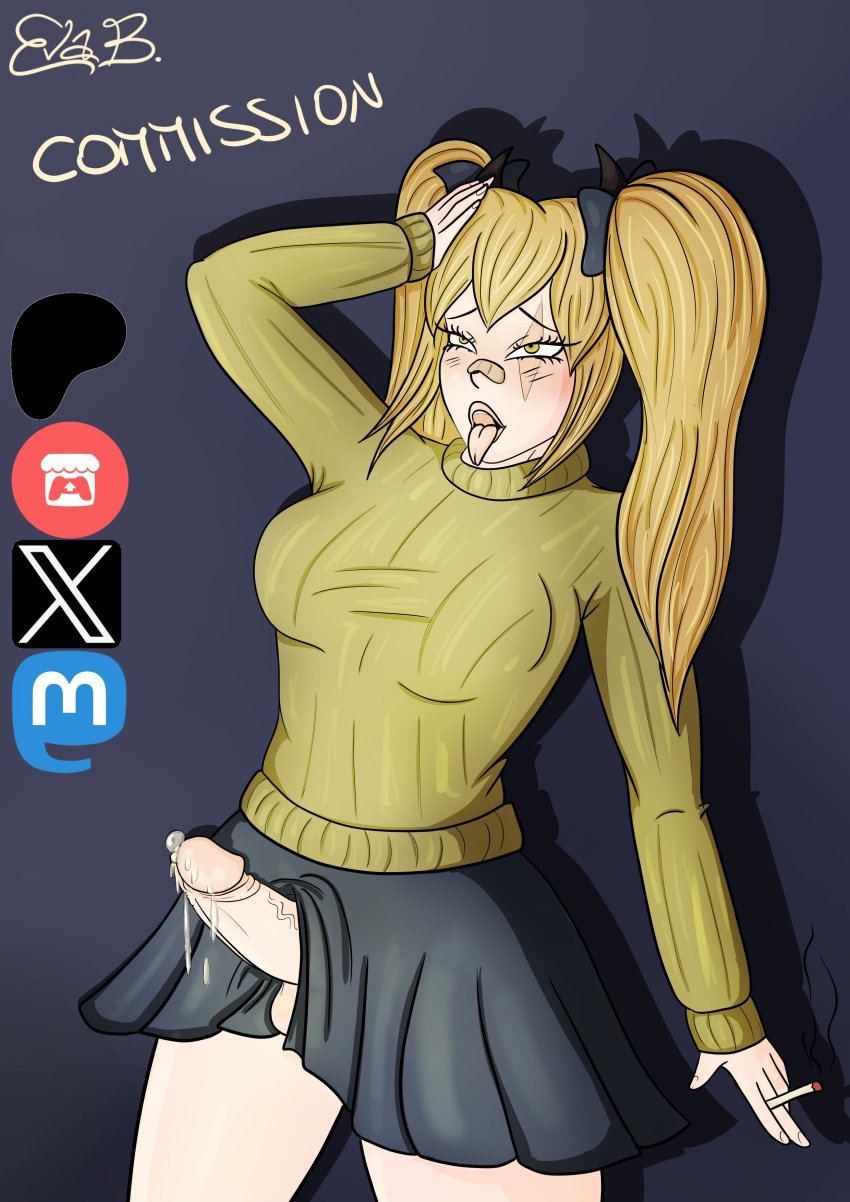 1futa ahe_gao ahegao_face balls bandaid blonde_female blonde_hair bottomless breasts clothed clothing commission commission_art cum cum_drip demon_horns dickgirl digital_art digital_drawing_(artwork) digital_media_(artwork) digital_painting_(artwork) erect_penis erection futa_only futanari horns human krita_(program) krita_program kritadrawing light-skinned_futanari light_skin long_hair masterplusplayer mostly_clothed nsfw penis rolling_eyes scar scar_across_eye scar_on_face self_upload skirt small_penis solo standing tongue tongue_out twintails yandere yellow_eyes