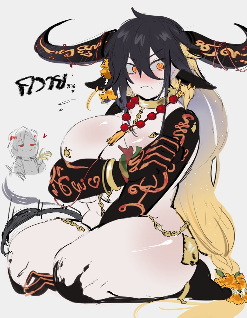 1boy 1girls black_arms black_hair black_horns black_legs blush bull_horns busty collar cosplay couple covering covering_breasts cow_girl cow_tail embarrassed embarrassed_nude_female female_focus gold_armlet gold_chain gold_collar gold_earrings gold_markings gold_paint head_wreath heart_(kurenaiz) horns huge_breasts k_(kurenaiz) kneeling kurenaiz1 light-skinned_female long_hair magic_runes nude nude_female orange_eyes tail tail_motion thai thai_text thick_ass thick_thighs unusual_pupils