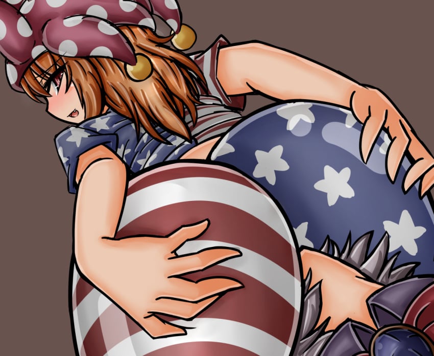 2girls american_flag_legwear american_flag_shirt big_butt bow bowtie brown_eyes brown_hair butt clownpiece d-kureta face_in_butt hands_on_butt hat huge_butt jester_cap kishin_sagume large_butt looking_back mature_female multiple_girls oerba_yun_fang older_female older_woman_and_teenage_girl open_mouth sagume_kishin silver_hair sitting sitting_on_face sitting_on_person source_request teenager thick_thighs thighs touhou wide_hips younger_dom_older_sub younger_female yuri