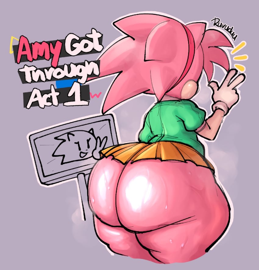 1girls amy_rose anthro ass big_ass bottom_heavy bubble_butt classic_amy_rose fat_ass female female_only hedgehog huge_ass large_ass no_panties ruruduu solo sonic_(series) sonic_the_hedgehog_(series) sweat thick_ass thick_thighs thunder_thighs wide_hips