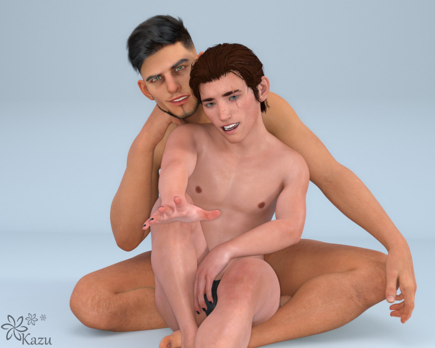 2boys 2humans 2males big_ass big_butt black_thong brown_hair eye_contact gay gay_male hair_tied heterochromatic_eyes heterochromia homoerotic kazuworks light-skinned_male light_skin male/male male_focus oc original original_characters scar_on_face sensual skimpy_underwear smiling_at_each_other tan-skinned_male tan_skin thick_ass twink yaoi