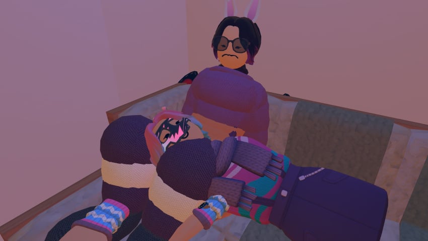 bunny_ears chilling couch demithefemboy05 jack_(rec_room) purple_hair purpliep_(rec_room) rec_room rec_room_avatar socks thick_thighs