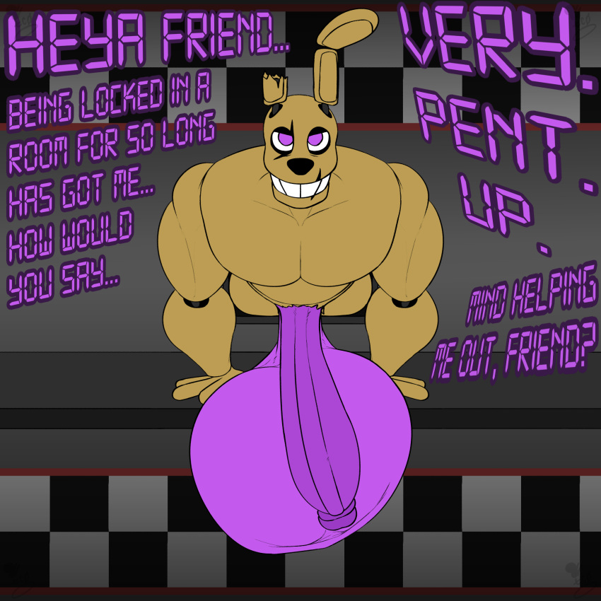 animatronic anthro balls big_balls big_penis dialogue five_nights_at_freddy's five_nights_at_freddy's_3 genitals hi_res huge_balls huge_cock humanoid hyper hyper_balls hyper_genitalia hyper_penis in_vent lagomorph leporid machine male male_only mammal muscular muscular_male penis rabbit robot saggy_balls scottgames solo springtrap springtrap_(fnaf) thechavicgerman_(artist)