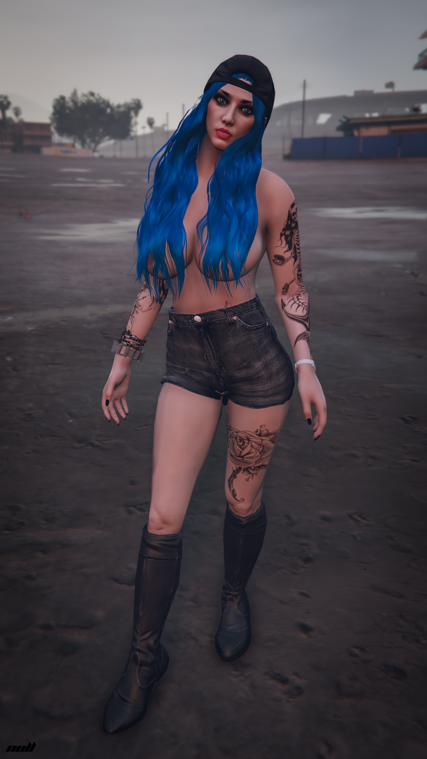 1girls ass blue_eyes blue_hair breasts cap cora_star female grand_theft_auto grand_theft_auto_online grand_theft_auto_v hat leather_boots legs lipstick naked naked_female nopixel nude nude_female nullinvoid pink_lipstick tattoo tattoo_on_legs tattooed_arm tattoos thighs thotiana