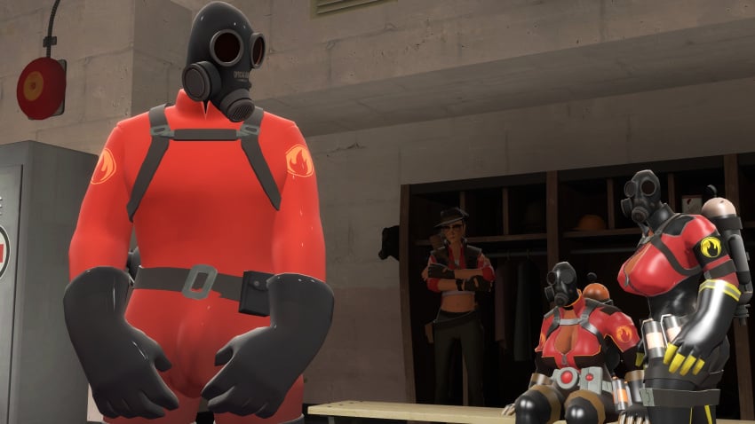 3girls assertive_female erection_under_clothes female_pyro femboy_pyro fempyro femsniper lust staring submissive_male team_fortress_2 tf2