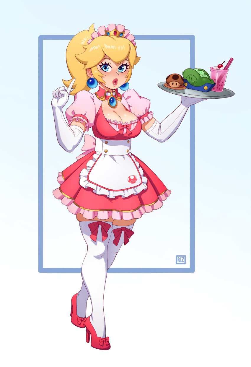 1girls apron bad_id bad_twitter_id blonde_hair blue_eyes breasts brooch bubble_tea cleavage drink drinking_straw earrings elbow_gloves female female_focus female_only food gloves high_heels holding_tray large_breasts looking_at_viewer maid maid_apron maid_headdress maid_uniform mario_(series) nintendo ponytail princess_peach rizdraws standing super_mario_bros. thighhighs tray year_request