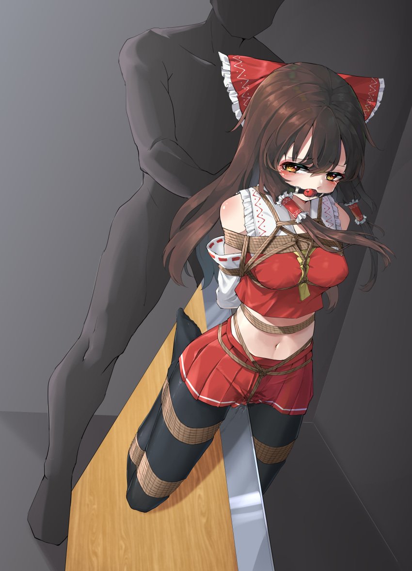 1girls arms_tied_behind_back ball_gag bondage bound breasts brown_hair crotch_rope detached_sleeves female female_focus femsub gag gagged hairbow legs_tied long_hair medium_breasts midriff miko navel nontraditional_miko pantyhose reimu_hakurei rope rope_between_breasts rope_bondage shibari_over_clothes touhou wooden_horse xiongmao yellow_eyes