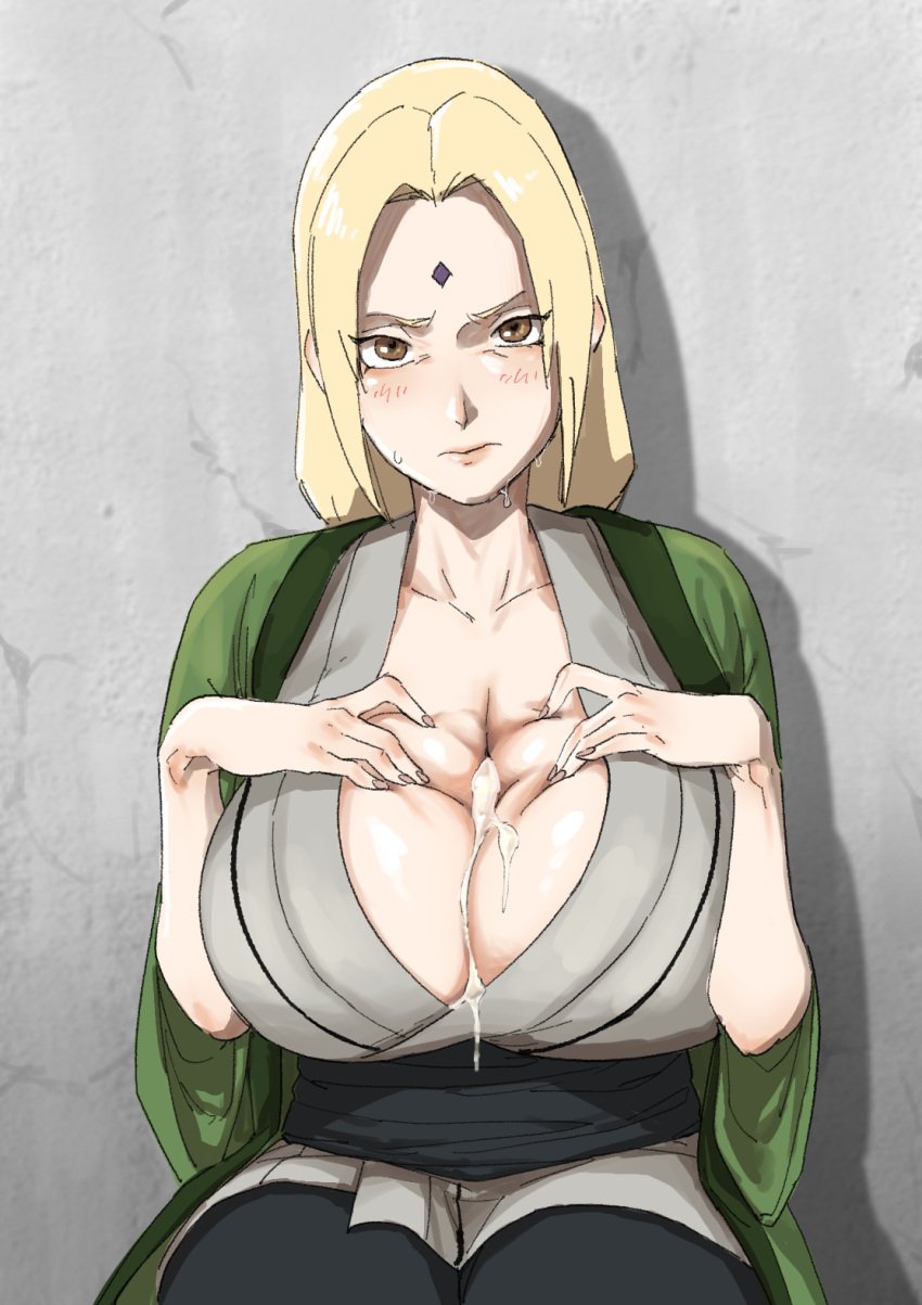 1girls after_paizuri after_sex against_wall big_breasts boruto:_naruto_next_generations breast_grab breasts clothing cum cum_between_breasts cum_on_body cum_on_face cum_on_upper_body cum_puddle cumdrip embarrassed front_view grabbing_own_breast haori highres huge_breasts kimono legs_together looking_at_viewer mature mature_female milf naruto naruto_(series) naruto_shippuden pants presenting presenting_breasts sagging_breasts sitting solo solo_focus spreading sweat sweatdrop sweating thick_thighs thighs tsunade uncensored upper_body voluptuous voluptuous_female xshuai