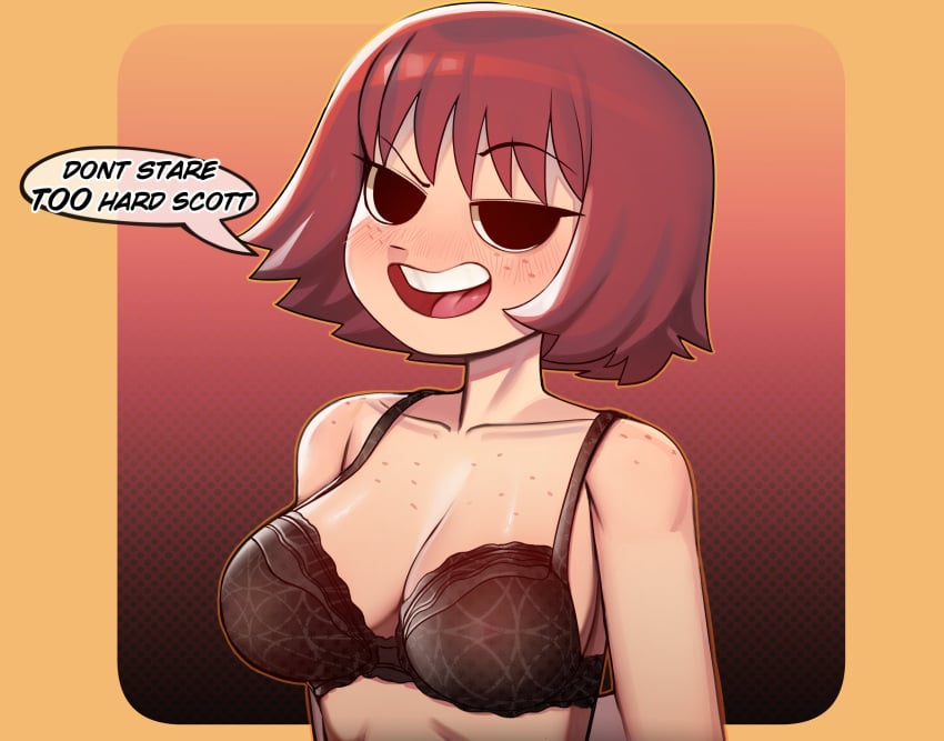 1girls black_eyes blush bra female freckles freckles_on_breasts freckles_on_face freckles_on_shoulders kim_pine red_hair scott_pilgrim short_hair solo solo_female zamoshvik