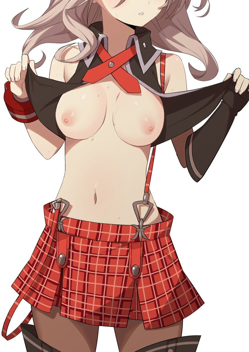 1girls alisa_ilinichina_amiella bare_shoulders black_gloves black_shirt blush breasts breasts_out breasts_out_of_clothes brown_pantyhose collared_shirt crop_top crop_top_overhang cuffs embarrassed exposed_breasts female female_only fingerless_gloves gloves god_eater highres long_hair medium_breasts midriff miniskirt morisobo navel nipples pantyhose perky_breasts pleated_skirt red_skirt shirt showing_breasts skirt sleeveless_shirt solo stomach sweat teenage_girl teenager white_background young