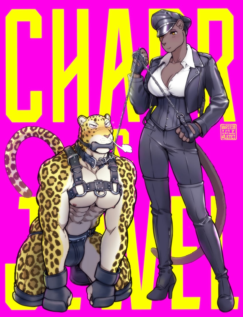 abs anthro anthro_on_anthro biped blush bondage bone_gag breasts bulge clothed clothing collar countershade_arms countershade_face countershade_torso countershading dominant dominant_female duo felid female gag hi_res jaguar leash leashed_collar male male/female mammal maririn muscular muscular_anthro muscular_male pantherine pecs submissive submissive_male tail