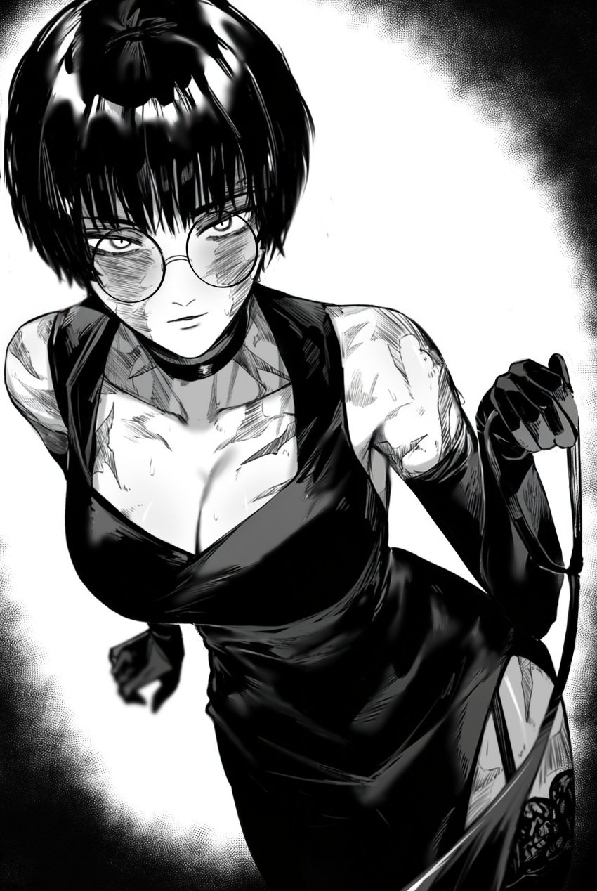 1girls big_breasts boyish breasts burn_marks burn_scar burns busty clothes dress female female_only glasses holding_leash huge_breasts jujutsu_kaisen large_breasts leash leashed_pov masoq095 monochrome mostly_clothed pov revealing_clothes scar scarred scars scars_all_over short_hair shounen_jump tomboy wounded wounds zenin_maki