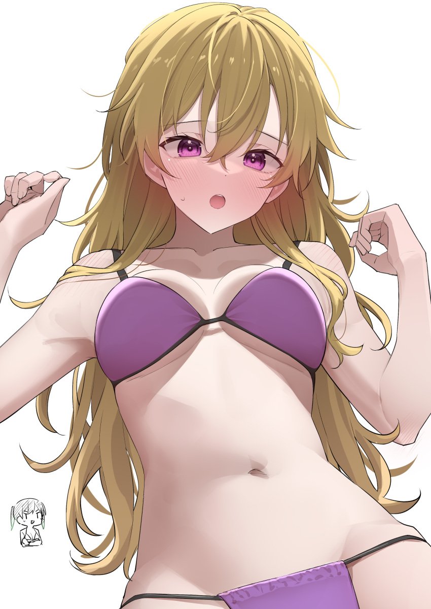 1girls armpits arms_up bare_arms bare_midriff bare_shoulders bare_thighs belly belly_button blonde_hair blush bra breasts cleavage clothing collarbone female female_focus female_only fingernails kawai_ritsu_(rits_meg) konoe_kanata light_skin long_hair looking_at_viewer love_live! matching_underwear medium_breasts nude open_mouth panties purple_bra purple_eyes purple_panties purple_underwear shoulders simple_background slender_body slender_waist slim_girl slim_waist standing thin_waist underboob underwear v-line white_background