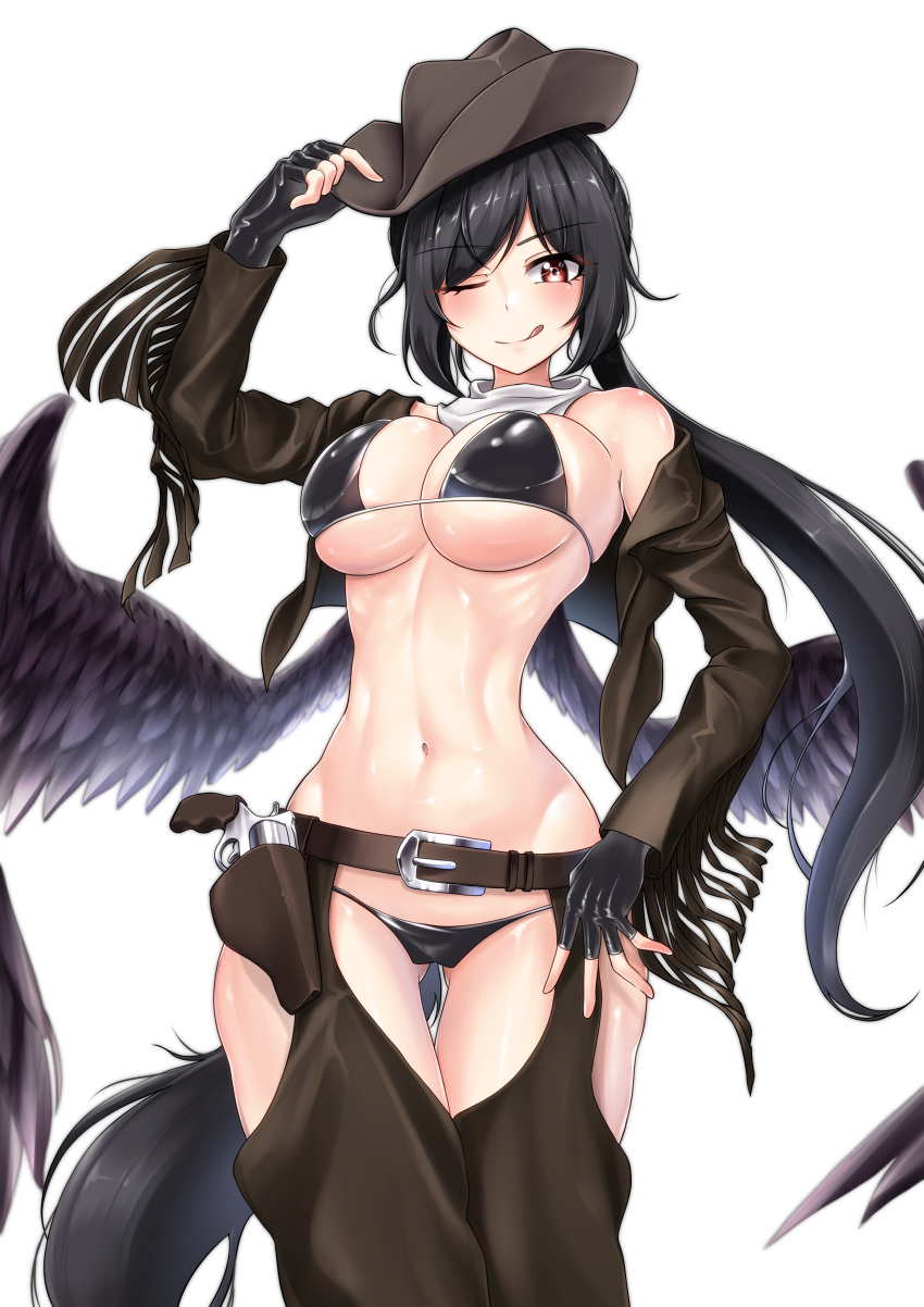 absurdres armwear bare_shoulders bikini black_bikini black_gloves black_hair black_wings blush breasts brown_headwear brown_jacket clothing cowboy_hat cowboy_shot crop_top cropped_jacket female fingerless_gloves firearm gloves gluteal_fold gun handgun hat headwear highres horse_girl horse_tail human jacket kurokoma_saki large_breasts legwear leo23 long_hair long_sleeves looking_at_viewer low_ponytail navel open_clothes pale_skin pegasus_wings revolver ribs saki_kurokoma scarf smile solo swimsuit tail tongue tongue_out touhou very_long_hair weapon white_background white_scarf wings