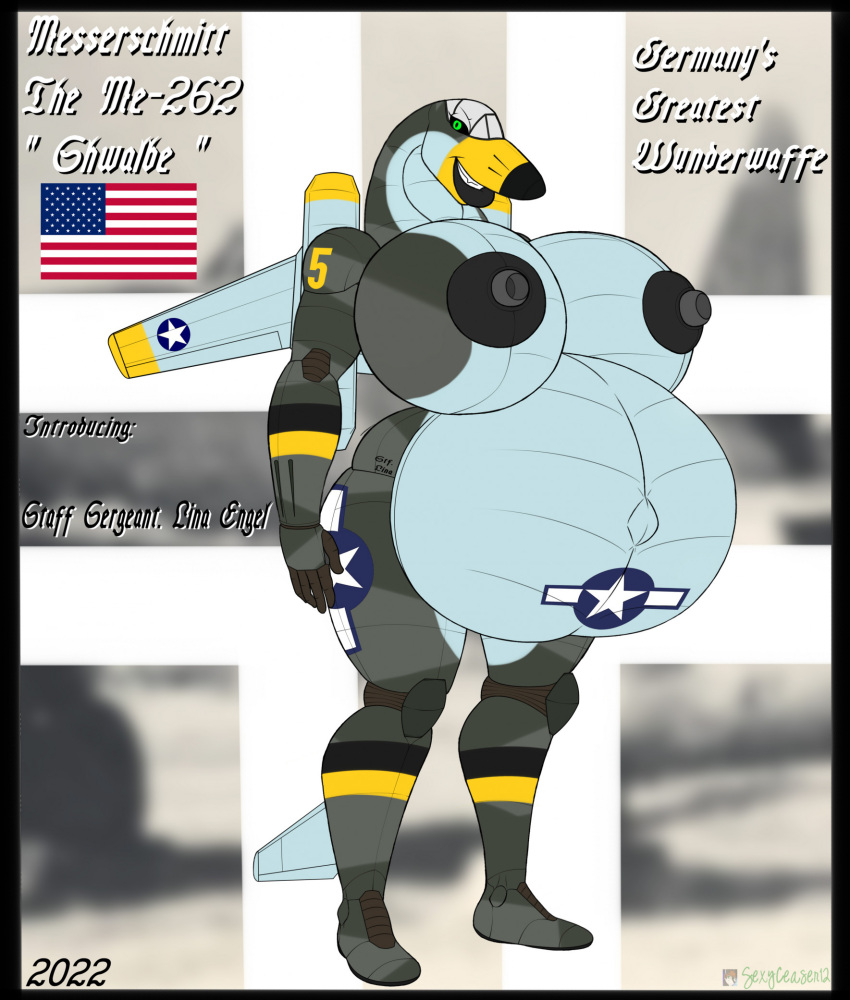 1girls adoptable aeromorph american_flag anthro breasts female female_only huge_belly huge_breasts lina_engel living_machine looking_at_viewer me_262 nipples nude original original_character pregnant sexyceaser12 solo stomach_tattoo text thick_thighs wide_hips