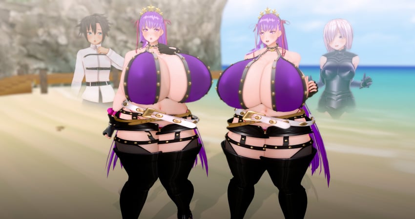 1boy 2girls 3d 3d_(artwork) after_transformation armor armored_dress armored_gloves bare_shoulders bb_(fate) bb_(swimsuit_mooncancer) bb_(swimsuit_mooncancer)_(fate) bb_(swimsuit_mooncancer)_(second_ascension)_(fate) belt bikini bikini_bottom bikini_top black_armor black_fingerless_gloves black_gloves black_hair black_pants black_short_shorts black_shorts blue_eyes blush breasts_bigger_than_head cleavage clothed clothed_female clothed_male clothing fate/grand_order fate_(series) female fingerless_gloves fujimaru_ritsuka_(male) gloves hair_over_eye hair_over_one_eye headband huge_breasts jacket light-skinned_female light-skinned_male light_skin light_skinned_female light_skinned_male lipstick long_gloves long_hair male mash_kyrielight medium_breasts medium_hair midriff nail_polish next_yucoru_s pants pink_eyes pink_nail_polish pink_nails pink_toenail_polish pink_toenails post_transformation pubic_hair pubic_hair_peek purple_bikini purple_bikini_bottom purple_bikini_top purple_eyes purple_gloves purple_hair purple_lips purple_lipstick purple_pubic_hair short_shorts shorts sideboob thick_thighs toenail_polish transformation twinning white_belt white_jacket wide_hips