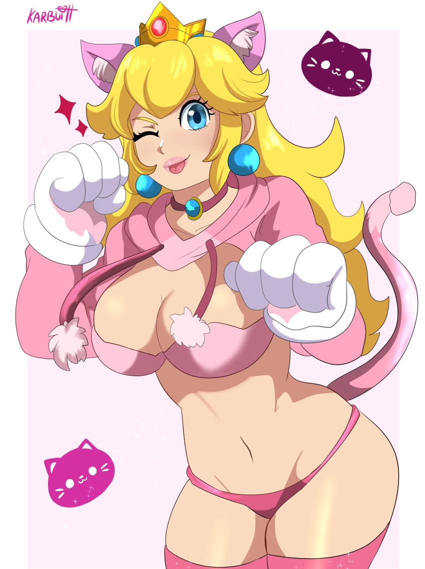 1girls big_breasts blonde_hair blue_eyes breast breasts cat_ears cat_girl cat_peach cat_tail clothing curvy_female female female_only karbuitt looking_at_viewer mario_(series) midriff nintendo princess_peach simple_background solo standing super_mario_3d_world thick_thighs thighhighs thong tongue_out wink