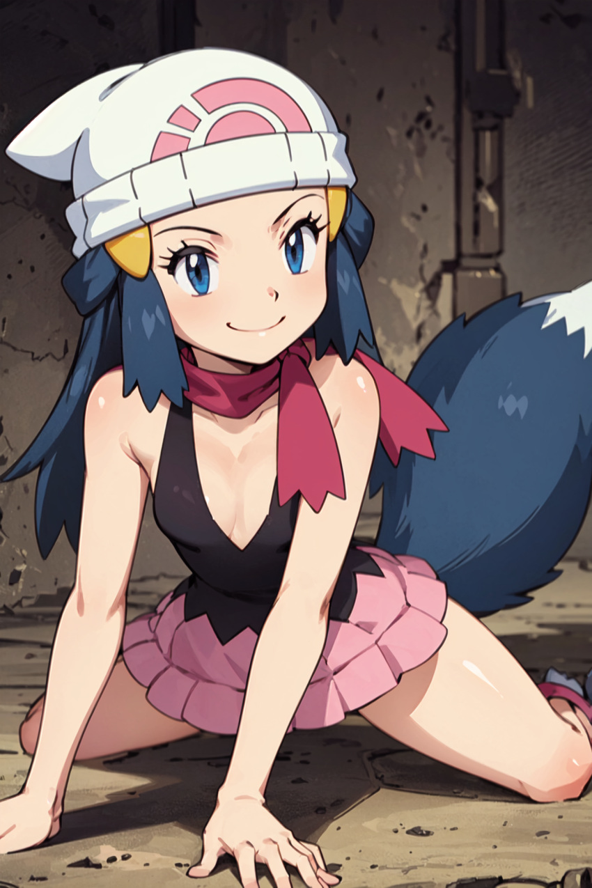 ai_generated all_fours black_shirt blue_eyes blue_hair breasts cleavage creatures_(company) dawn_(pokemon) female fox_tail game_freak gen_4_pokemon inner_sideboob legs_spread long_hair looking_at_viewer nintendo no_bra pink_scarf plunging_neckline pokemon pokemon_(anime) pokemon_dppt scarf shirt skirt sleeveless small_breasts smile thighs white_headwear