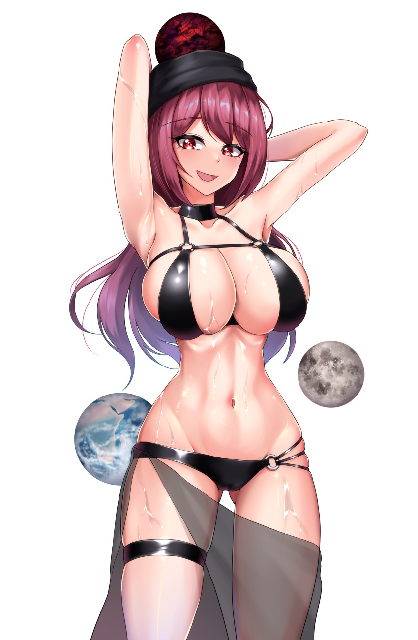 :d absurdres armpits arms_behind_head arms_up bikini black_bikini black_choker black_headwear blush breasts choker commentary earth_(ornament) female hecatia_lapislazuli highres large_breasts leo23 long_hair looking_at_viewer lowleg lowleg_bikini moon_(ornament) navel o-ring o-ring_bikini open_mouth presenting_armpit red_eyes red_hair see-through simple_background smile solo swimsuit thigh_strap touhou underworld_(ornament) white_background