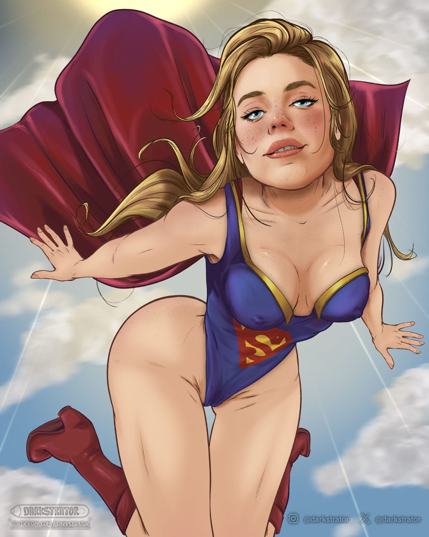 actress blonde_hair boots breasts celebrity cleavage darkstrator dc dc_comics dc_extended_universe dceu leotard milly_alcock patreon skirt supergirl supergirl_(dceu) supergirl_(milly) supergirl_(series) superman_(series) superman_legacy