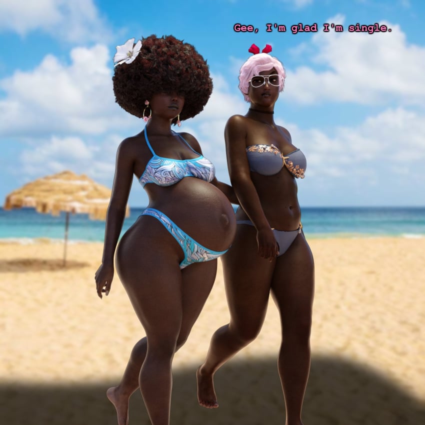 2girls 3d afro beach belly big_belly bikini breedingduties dark-skinned_female dark_skin dialogue female pregnant text