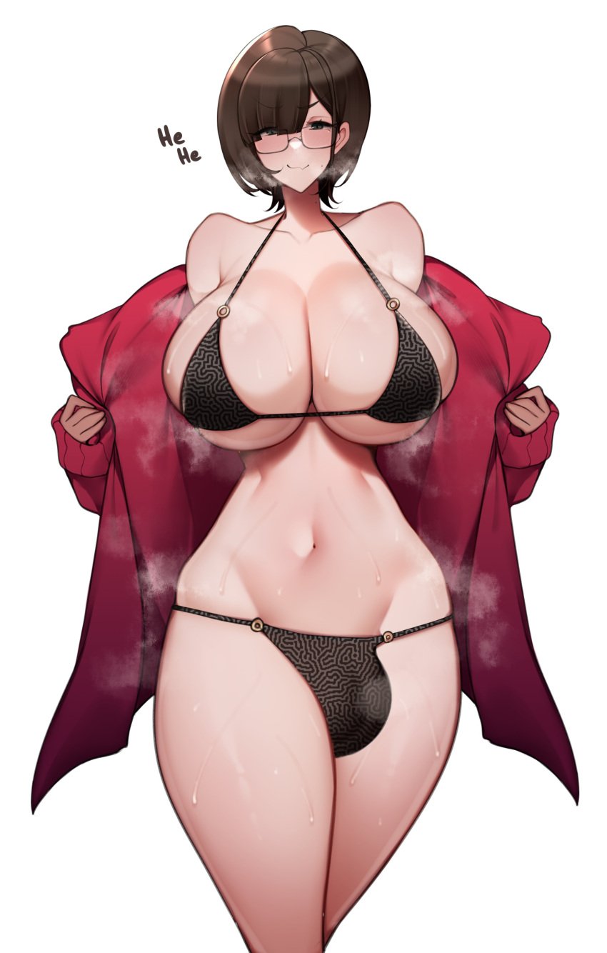 1futa big_breasts bikini breasts brown_hair bulge clothed clothing flaccid futa_only futanari hi_res huge_breasts human light-skinned_futanari light_skin mostly_nude naughty_face original original_character shirt short_hair skindentation solo standing thick_thighs unbeller wide_hips