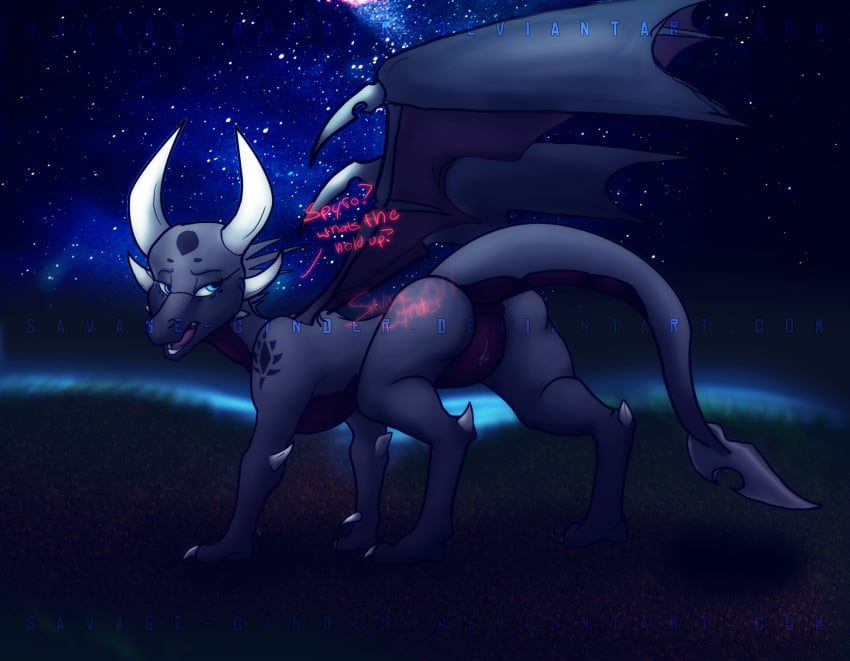 annoying_watermark ass cynder cynder-the-dragon dragon english_text female horns looking_back markings pussy savage-cynder scalie solo spyro spyro_the_dragon text wings