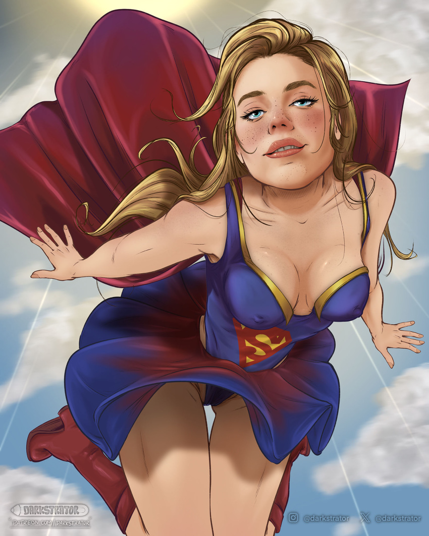 actress blonde_hair boots breasts celebrity cleavage darkstrator dc dc_comics dc_extended_universe dceu leotard milly_alcock patreon skirt supergirl supergirl_(dceu) supergirl_(milly) supergirl_(series) superman_(series) superman_legacy