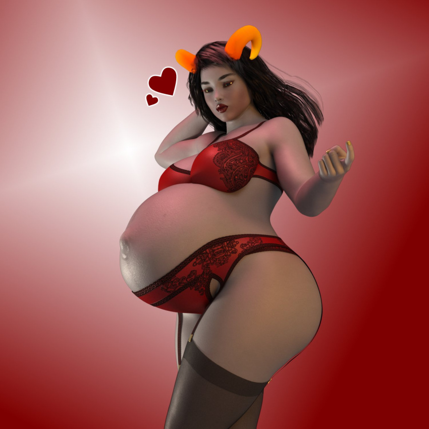 1girls 3d aradia_megido belly big_belly big_breasts black_hair breasts breedingduties female gigantic_breasts grey_skin homestuck lingerie pregnant solo