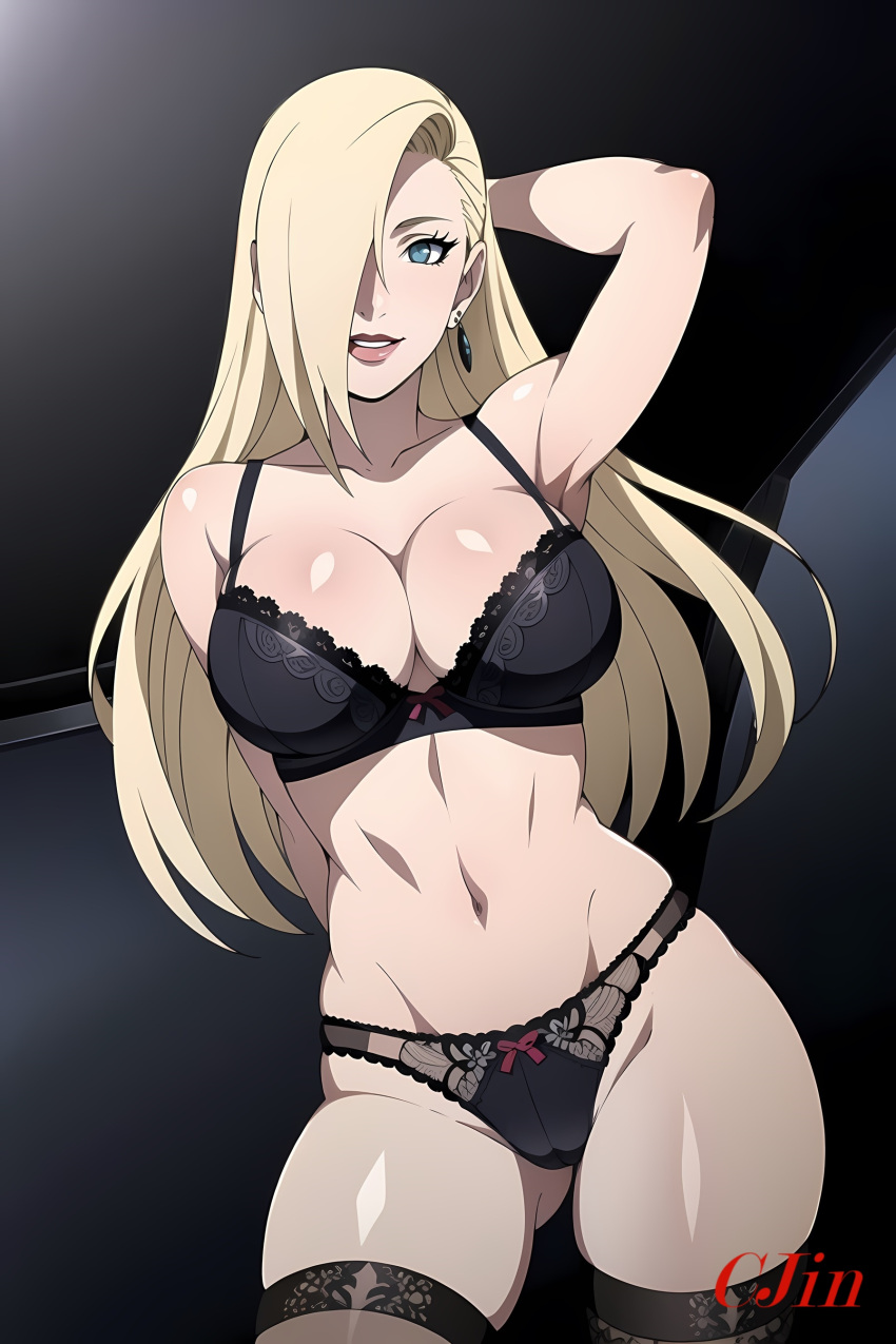 1girls ai_generated arm_behind_head arm_up artist_name big_breasts black_panties black_socks blonde_hair blue_eyes bra breasts cjin cleavage female female_only hair_over_one_eye huge_breasts ino_yamanaka lace-trimmed_socks lace-trimmed_thighhighs legwear light-skinned_female light_skin lingerie lipstick long_hair looking_at_viewer makeup medium_breasts midriff nai_diffusion naruto naruto:_the_last naruto_(series) naruto_shippuden one_arm_up oppai pale-skinned_female pale_skin panties pinup pose posing ribbon_panties seducing seductive seductive_eyes seductive_look seductive_smile smile socks solo stable_diffusion stockings thick_thighs thigh_socks thighhighs thighs voluptuous watermark white_skin wide_hips