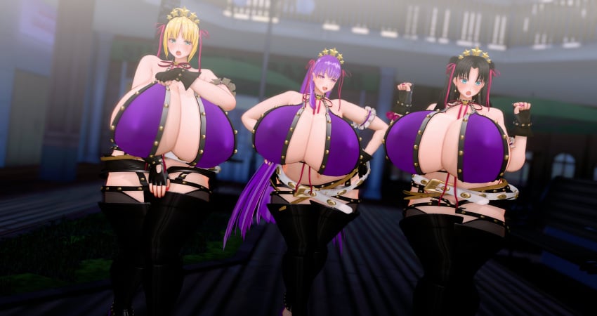 3d 3d_(artwork) 3girls artoria_pendragon bb_(fate) bb_(swimsuit_mooncancer) bb_(swimsuit_mooncancer)_(fate) bb_(swimsuit_mooncancer)_(fate)_(cosplay) bb_(swimsuit_mooncancer)_(second_ascension)_(fate) belt bikini bikini_bottom bikini_top black_fingerless_gloves black_gloves black_hair black_long_gloves black_pubic_hair black_short_shorts black_shorts blonde_hair blue_eyes blush breasts_bigger_than_head cleavage clothed clothed_female clothing earrings fate/grand_order fate/stay_night fate_(series) female female_only fingerless_gloves green_eyes headband huge_breasts light-skinned_female light_skin light_skinned_female lipstick long_hair midriff nail_polish navel next_yucoru_s pink_nail_polish pink_nails pubic_hair pubic_hair_peek purple_bikini purple_bikini_bottom purple_bikini_top purple_eyes purple_hair purple_lips purple_lipstick short_shorts shorts sideboob thick_thighs tohsaka_rin twintails white_belt wide_hips